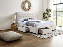 Vente-unique Lit avec tiroirs 160 x 200 cm - Tissu - Beige - LEOPOLD* Lit Avec Rangement