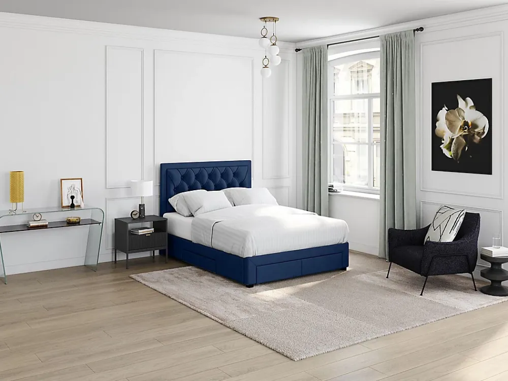 Vente-unique Lit avec tiroirs 160 x 200 cm - Tissu velours bleu - LEOPOLD* Lit Avec Rangement