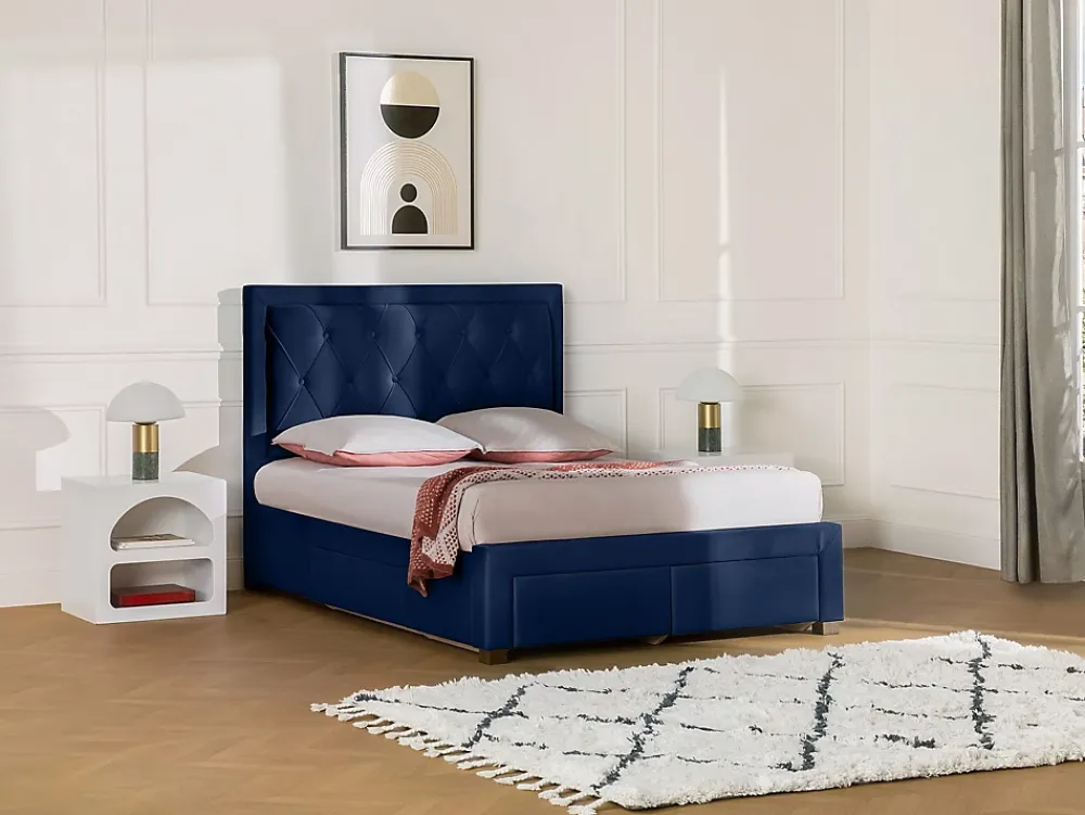 Vente-unique Lit avec tiroirs 160 x 200 cm - Tissu velours bleu - LEOPOLD* Lit Avec Rangement
