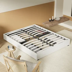 Lit avec tiroirs 140 x 190 cm, Sommier à lattes en bois, Cadre en tissu blanc>November Clearance