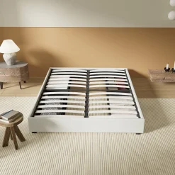 Lit avec tiroirs 140 x 190 cm, Sommier à lattes en bois, Cadre en tissu blanc><noscript><img width=