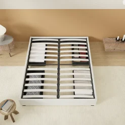 Lit avec tiroirs 140 x 190 cm, Sommier à lattes en bois, Cadre en tissu blanc><noscript><img width=