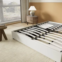 Lit avec tiroirs 140 x 190 cm, Sommier à lattes en bois, Cadre en tissu blanc><noscript><img width=