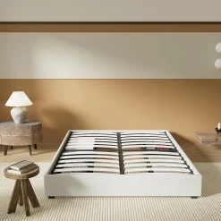 Lit avec tiroirs 140 x 190 cm, Sommier à lattes en bois, Cadre en tissu blanc><noscript><img width=
