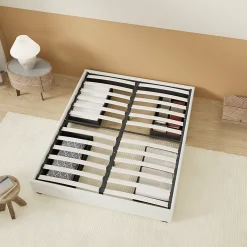 Lit avec tiroirs 140 x 190 cm, Sommier à lattes en bois, Cadre en tissu blanc><noscript><img width=