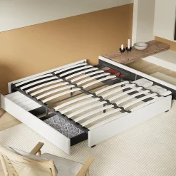 November Lit avec tiroirs 140 x 200 cm, Sommier à lattes en bois, Cadre en tissu blanc* Lit Coffre