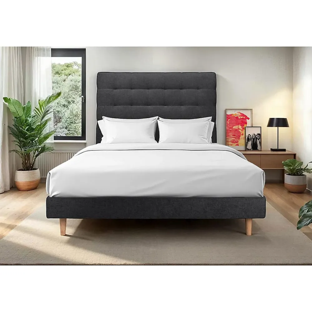 Sommeil De Plomb Lit avec tête de lit capitonnée tissu et sommier kit - Lit en bois massif* Lit Double