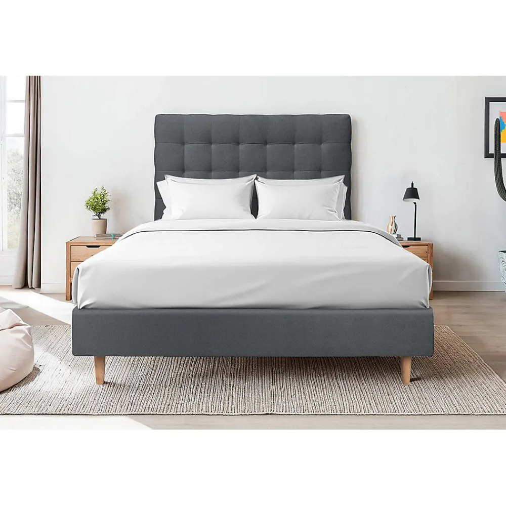 Sommeil De Plomb Lit avec tête de lit capitonnée velours et sommier - Lit en bois massif* Lit Simple