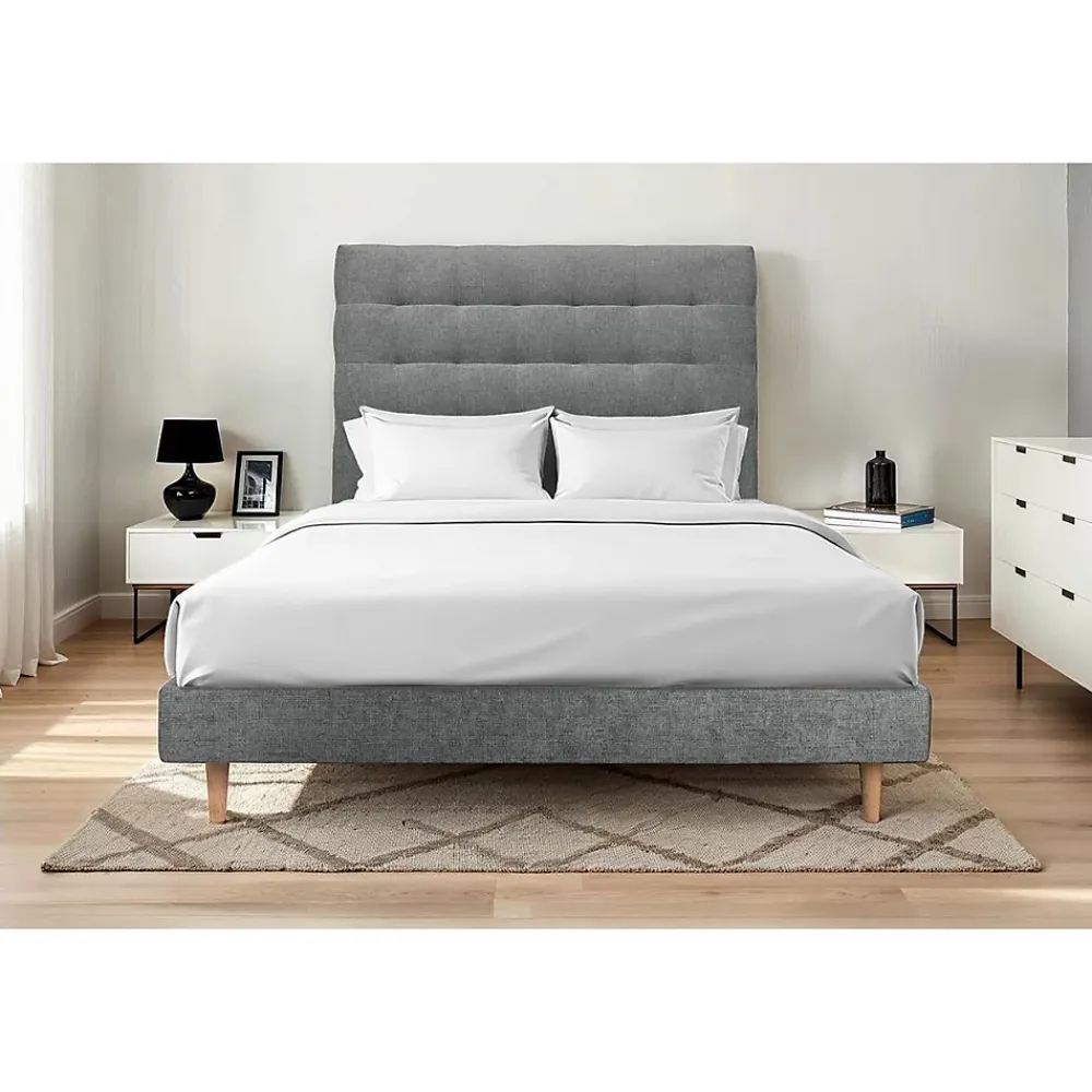 Sommeil De Plomb Lit avec tête de lit capitonnée tissu et sommier kit - Lit en bois massif* Lit Simple