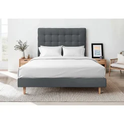 Sommeil De Plomb Lit avec tête de lit capitonnée velours et sommier - Lit en bois massif* Lit Simple