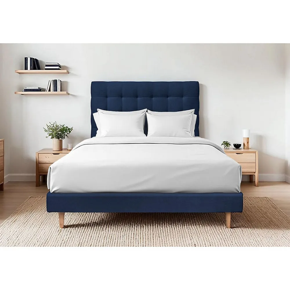 Sommeil De Plomb Lit avec tête de lit capitonnée velours et sommier kit - Lit en bois massif* Lit Simple