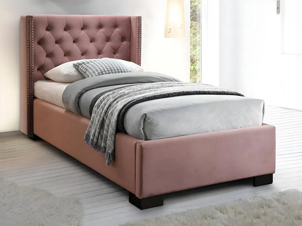 Lit avec tête de lit capitonnée - 90 x 200 cm - Velours rose - MASSIMO II>Vente-unique Hot