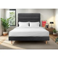 Lit avec tête de lit lignes tissu et sommier kit - Lit en bois massif>Sommeil De Plomb Online