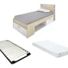 Lit avec tête de lit rangements et tiroir - 90 x 190 cm - Blanc et Naturel + matelas + sommier - LEANDRE>Vente-unique