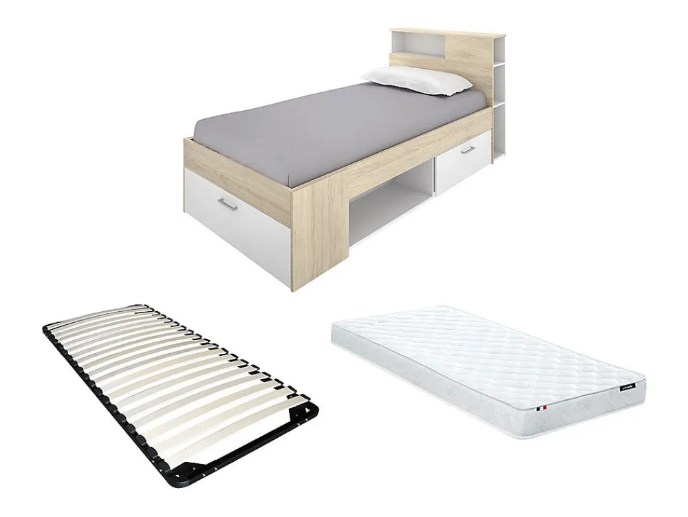 Lit avec tête de lit rangements et tiroir - 90 x 190 cm - Blanc et Naturel + matelas + sommier - LEANDRE>Vente-unique