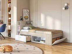 Lit avec tête de lit rangements et tiroir - 90 x 190 cm - Blanc et Naturel + matelas + sommier - LEANDRE><noscript><img width=