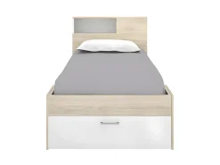 Lit avec tête de lit rangements et tiroir - 90 x 190 cm - Blanc et Naturel + matelas + sommier - LEANDRE><noscript><img width=