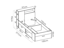 Lit avec tête de lit rangements et tiroir - 90 x 190 cm - Blanc et Naturel + matelas + sommier - LEANDRE><noscript><img width=