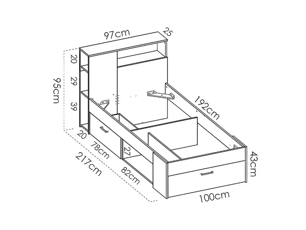 Lit avec tête de lit rangements et tiroir - 90 x 190 cm - Blanc et Naturel + matelas + sommier - LEANDRE>Vente-unique