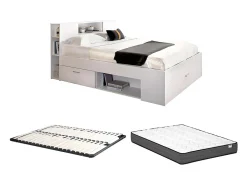Lit avec tête de lit rangements et tiroirs - 160 x 200 cm - Coloris : Blanc + Sommier + Matelas - LEANDRE>Vente-unique New