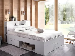 Lit avec tête de lit rangements et tiroirs - 160 x 200 cm - Coloris : Blanc + Sommier + Matelas - LEANDRE><noscript><img width=