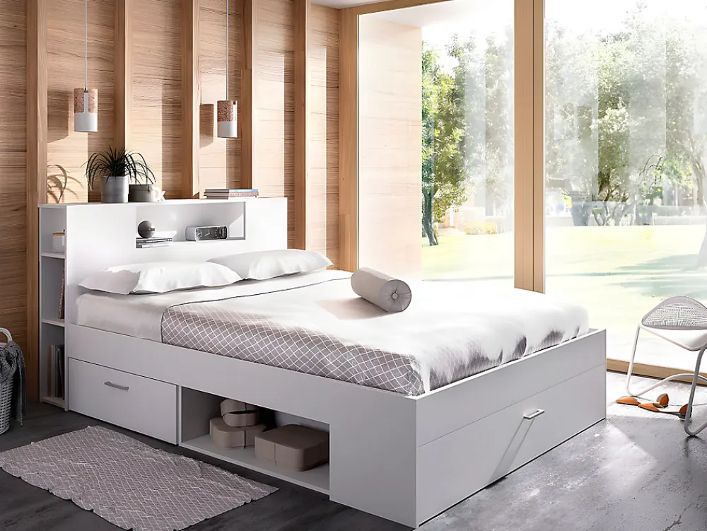 Lit avec tête de lit rangements et tiroirs - 160 x 200 cm - Coloris : Blanc + Sommier + Matelas - LEANDRE>Vente-unique New