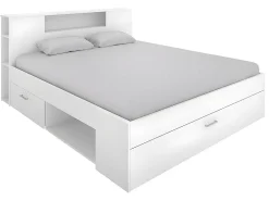 Lit avec tête de lit rangements et tiroirs - 160 x 200 cm - Coloris : Blanc + Sommier + Matelas - LEANDRE><noscript><img width=