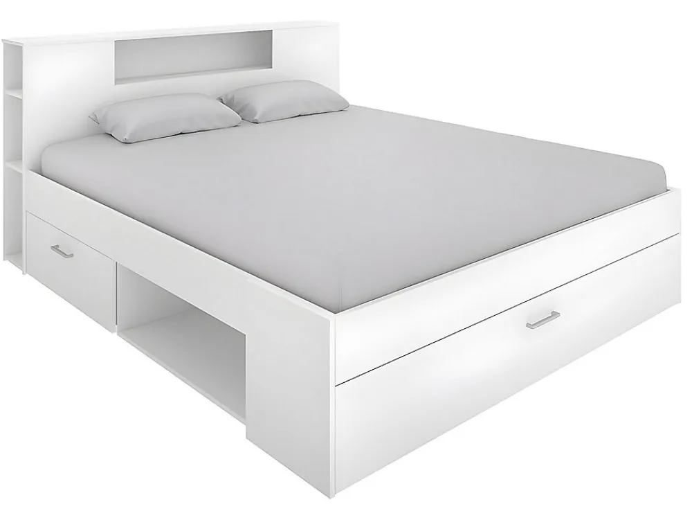 Lit avec tête de lit rangements et tiroirs - 160 x 200 cm - Coloris : Blanc + Sommier + Matelas - LEANDRE>Vente-unique New