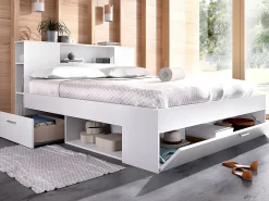 Lit avec tête de lit rangements et tiroirs - 160 x 200 cm - Coloris : Blanc + Sommier + Matelas - LEANDRE><noscript><img width=
