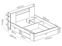 Lit avec tête de lit rangements et tiroirs - 160 x 200 cm - Coloris : Blanc + Sommier + Matelas - LEANDRE><noscript><img width=