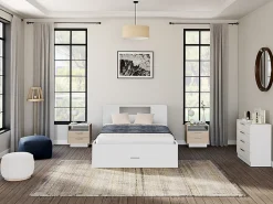 Vente-unique Lit avec tête de lit rangements et tiroirs - 140 x 190 cm - Coloris : Blanc - LEANDRE* Lit Avec Rangement