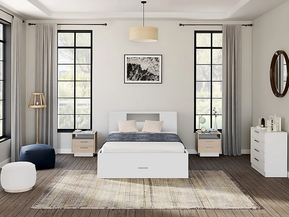 Vente-unique Lit avec tête de lit rangements et tiroirs - 140 x 190 cm - Coloris : Blanc - LEANDRE* Lit Avec Rangement