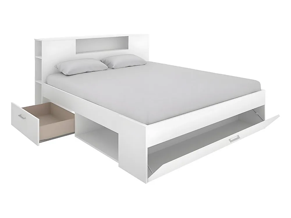 Vente-unique Lit avec tête de lit rangements et tiroirs - 140 x 190 cm - Coloris : Blanc - LEANDRE* Lit Avec Rangement