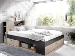 Vente-unique Lit avec tête de lit rangements et tiroirs - 140 x 190 cm - Coloris : Blanc - LEANDRE* Lit Avec Rangement