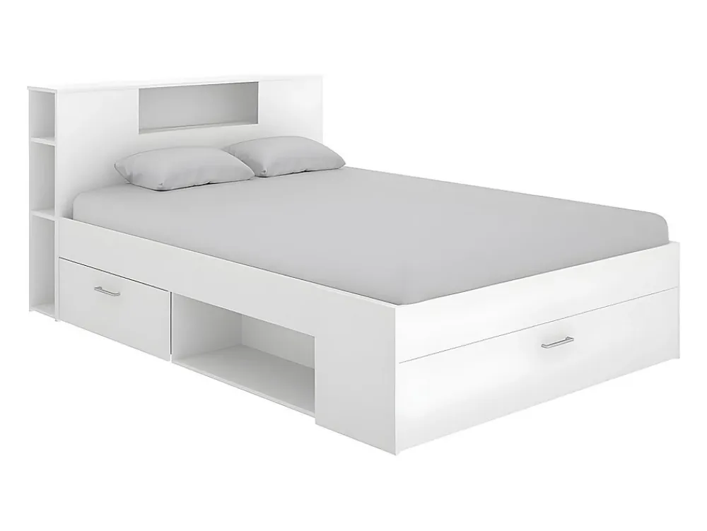 Vente-unique Lit avec tête de lit rangements et tiroirs - 140 x 190 cm - Coloris : Blanc - LEANDRE* Lit Avec Rangement