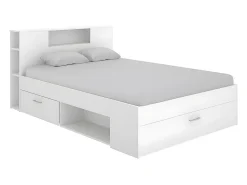 Vente-unique Lit avec tête de lit rangements et tiroirs - 140 x 190 cm - Coloris : Blanc - LEANDRE* Lit Avec Rangement