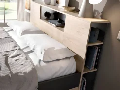 Vente-unique Lit avec tête de lit rangements et tiroirs - 140 x 190 cm - Coloris : Naturel et anthracite + Sommier - LEANDRE* Lit Avec Rangement