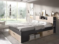 Vente-unique Lit avec tête de lit rangements et tiroirs - 140 x 190 cm - Coloris : Naturel et anthracite + Sommier - LEANDRE* Lit Avec Rangement
