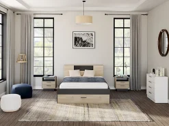 Vente-unique Lit avec tête de lit rangements et tiroirs - 140 x 190 cm - Coloris : Naturel et anthracite + Sommier - LEANDRE* Lit Avec Rangement