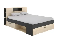 Vente-unique Lit avec tête de lit rangements et tiroirs - 140 x 190 cm - Coloris : Naturel et anthracite + Sommier - LEANDRE* Lit Avec Rangement