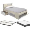 Lit avec tête de lit rangements et tiroir - 120 x 190 cm - Naturel et blanc + Sommier + Matelas - LEANDRE>Vente-unique Best