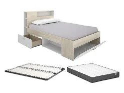 Lit avec tête de lit rangements et tiroir - 120 x 190 cm - Naturel et blanc + Sommier + Matelas - LEANDRE>Vente-unique Best