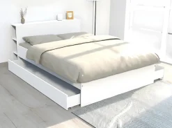 Vente-unique Lit avec tête de lit rangements et tiroirs 160 x 200 cm - Blanc - EUGENE* Lit Avec Rangement