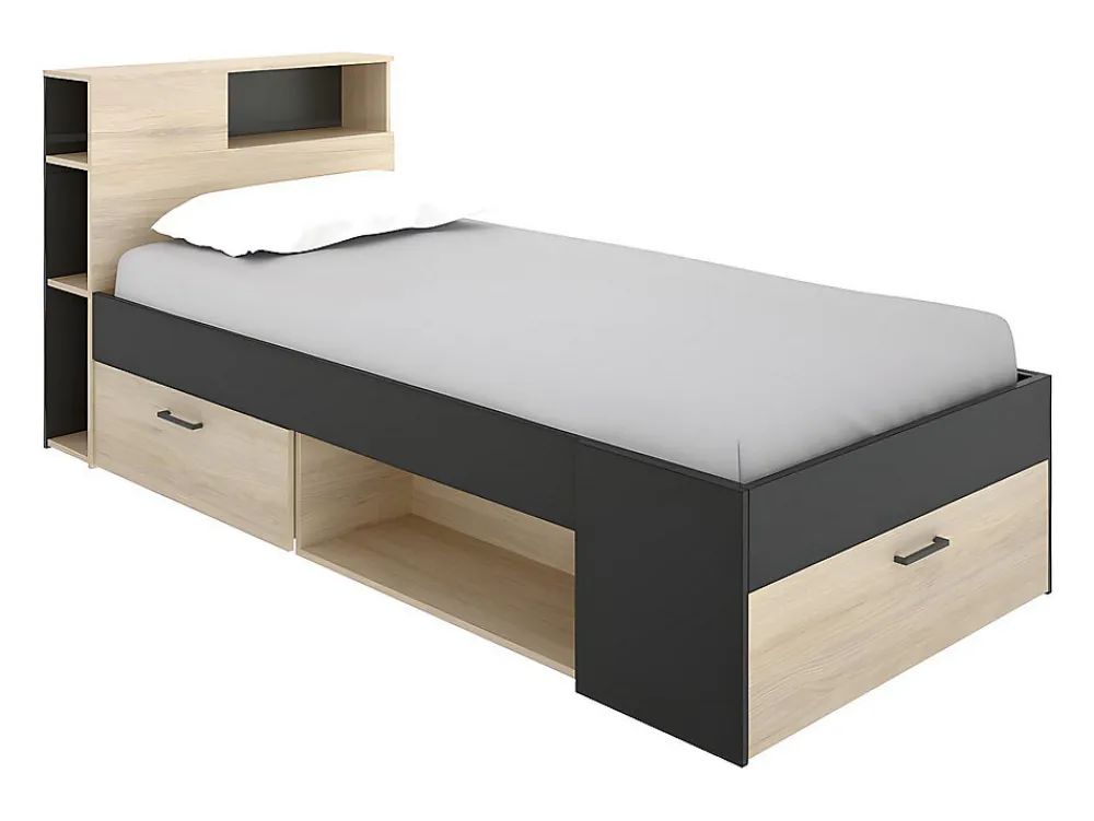 Lit avec tête de lit rangements et tiroir - 90 x 190 cm - Anthracite et naturel - LEANDRE>Vente-unique New