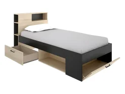 Lit avec tête de lit rangements et tiroir - 90 x 190 cm - Anthracite et naturel - LEANDRE><noscript><img width=