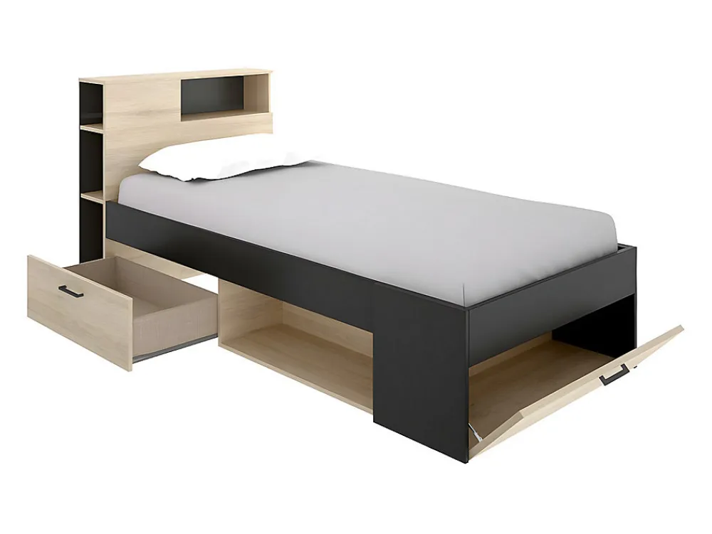 Lit avec tête de lit rangements et tiroir - 90 x 190 cm - Anthracite et naturel - LEANDRE>Vente-unique New
