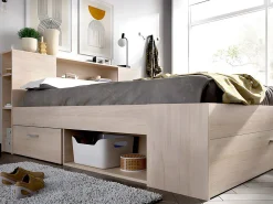 Vente-unique Lit avec tête de lit rangements et tiroirs - 140 x 190 cm - Coloris : Naturel - LEANDRE* Lit Avec Rangement