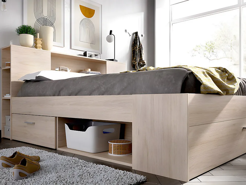 Vente-unique Lit avec tête de lit rangements et tiroirs - 140 x 190 cm - Coloris : Naturel - LEANDRE* Lit Avec Rangement