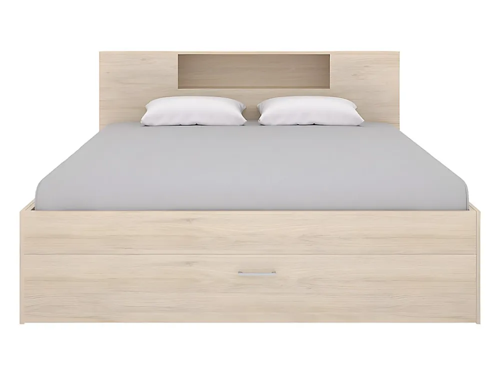 Vente-unique Lit avec tête de lit rangements et tiroirs - 140 x 190 cm - Coloris : Naturel - LEANDRE* Lit Avec Rangement