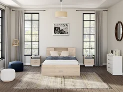 Vente-unique Lit avec tête de lit rangements et tiroirs - 140 x 190 cm - Coloris : Naturel - LEANDRE* Lit Avec Rangement